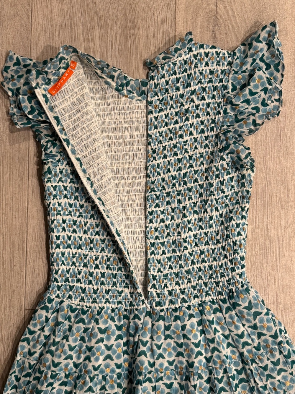 Oliphant Smocked Floral Ruffle-Sleeve Mini Dress Teal Small - Picture 5 of 11